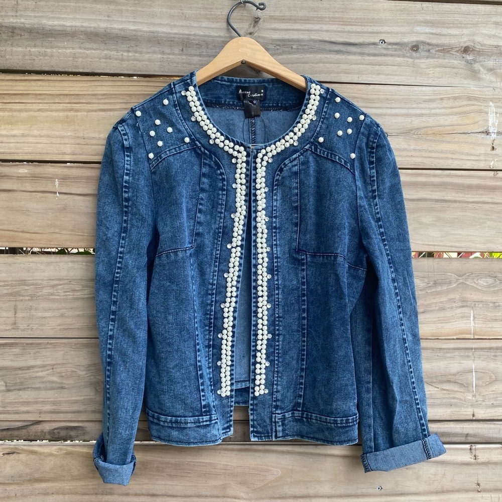 Blue Denim Jacket Pearl Details Open Front NWT Size M